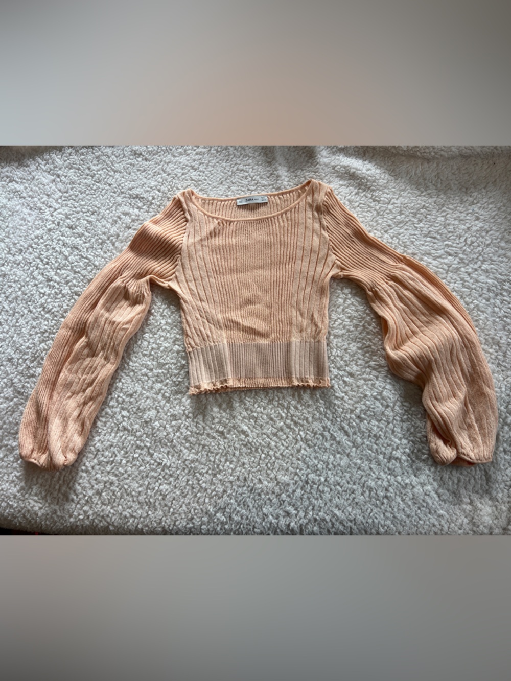 Zara Peach Ribbed Cropped Sweater with Balloon Sleeves